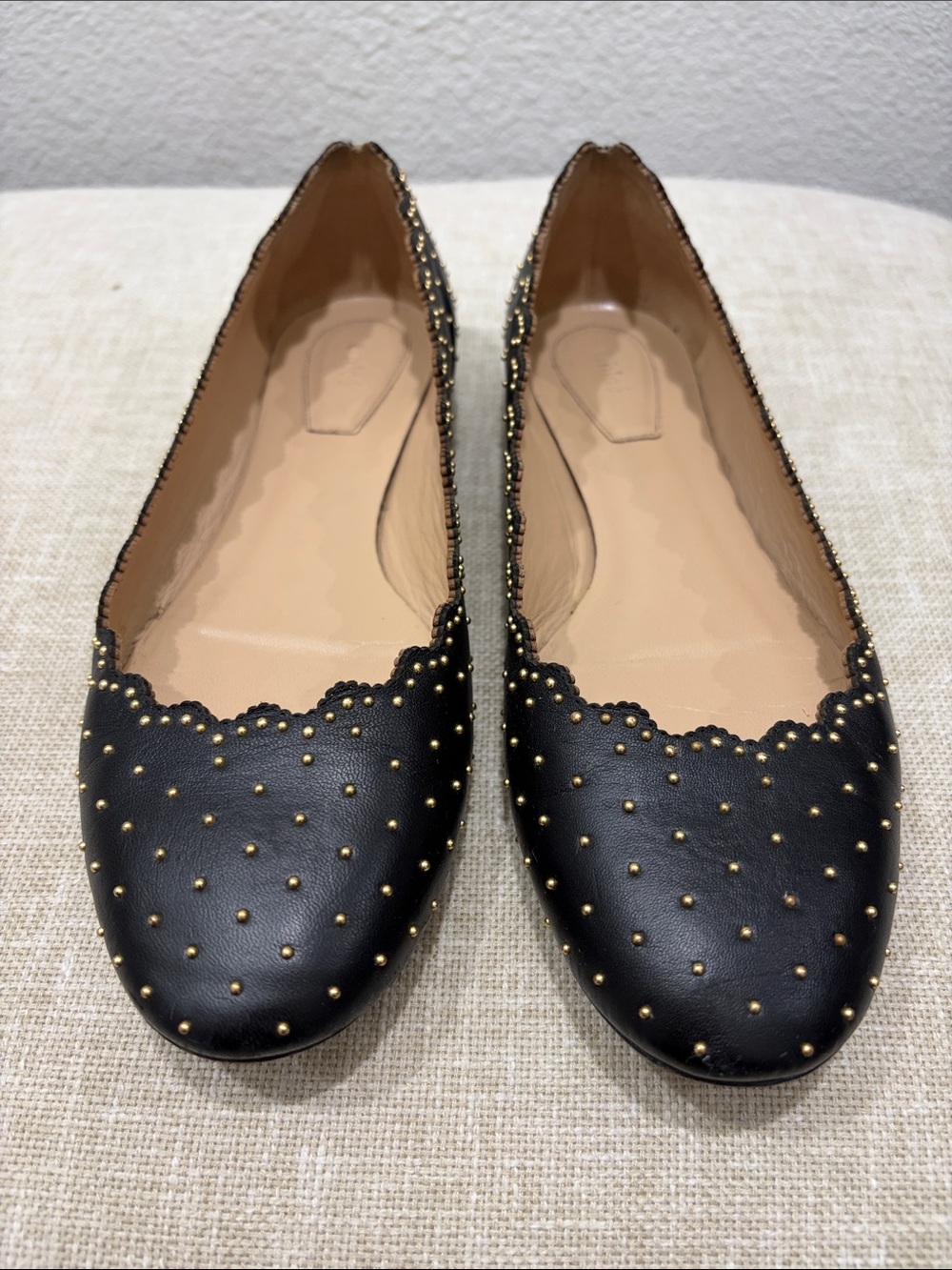 Chloe Black Scalloped Studded Leather Flats - Picture 2 of 5